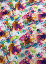 Bright Leaves & Leopard Print Polyester Spandex Fabric - Pink, Green, Leopard Print, 58" To 60" Width