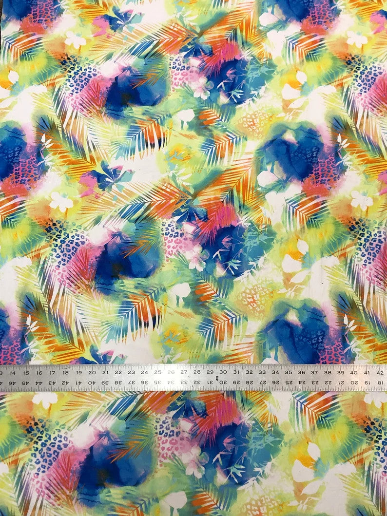 Bright Leaves & Leopard Print Polyester Spandex Fabric - Pink, Green, Leopard Print, 58" To 60" Width
