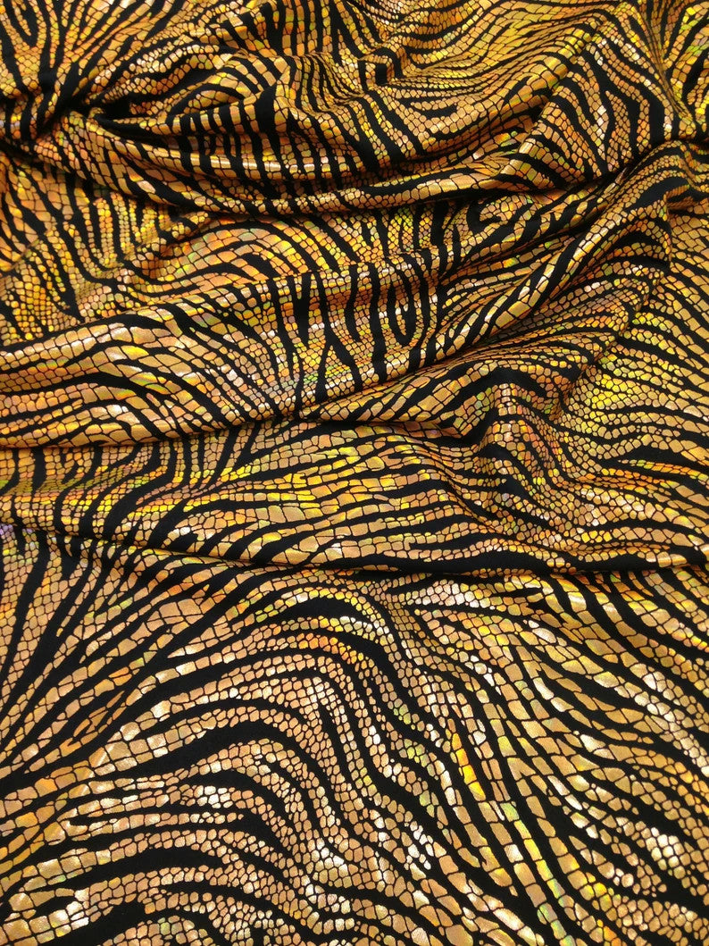 Animal Print Iridescent Shiny Foil On Black Stretch Lightweight Polyester Spandex Fabric - Black/Silver, Black/Copper, 58"-60" Width
