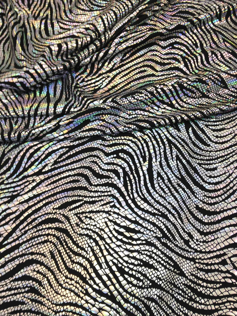 Animal Print Iridescent Shiny Foil On Black Stretch Lightweight Polyester Spandex Fabric - Black/Silver, Black/Copper, 58"-60" Width