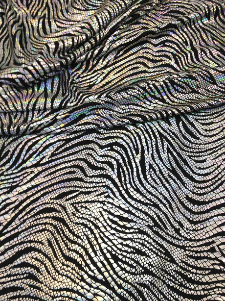 Animal Print Iridescent Shiny Foil On Black Stretch Lightweight Polyester Spandex Fabric - Black/Silver, Black/Copper, 58"-60" Width