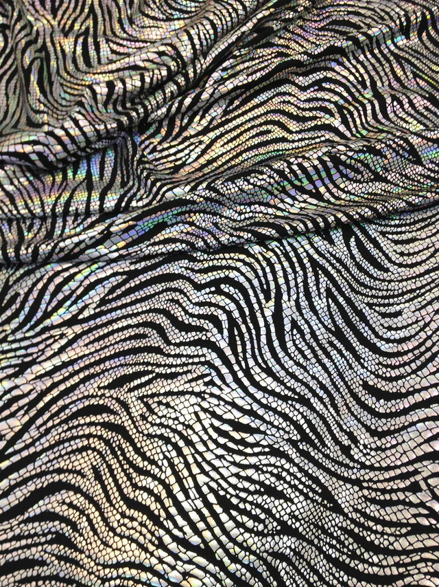 Animal Print Iridescent Shiny Foil On Black Stretch Lightweight Polyester Spandex Fabric - Black/Silver, Black/Copper, 58"-60" Width