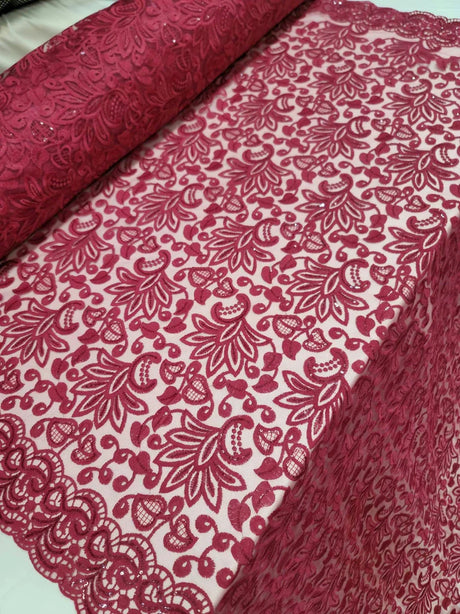 Embroidered Lace Burgundy Floral Clear Sequin