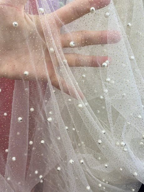 Pearl Beaded Glittery Mesh Tulle