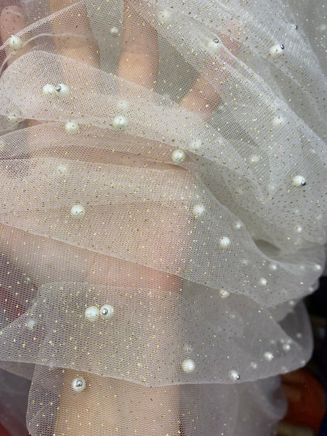 Pearl Beaded Glittery Mesh Tulle