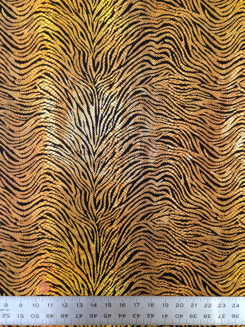 Animal Print Iridescent Shiny Foil On Black Stretch Lightweight Polyester Spandex Fabric - Black/Silver, Black/Copper, 58"-60" Width