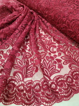 Embroidered Lace Burgundy Floral Clear Sequin