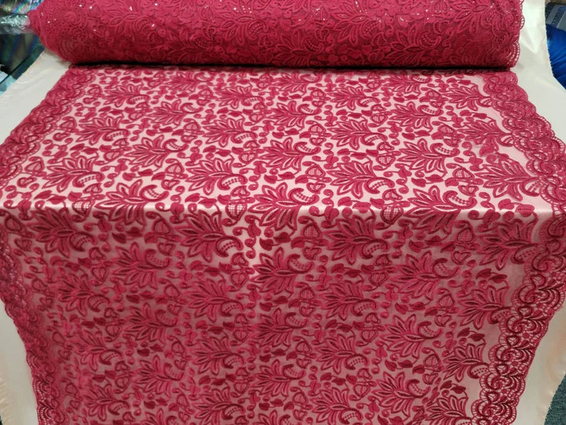 Embroidered Lace Burgundy Floral Clear Sequin