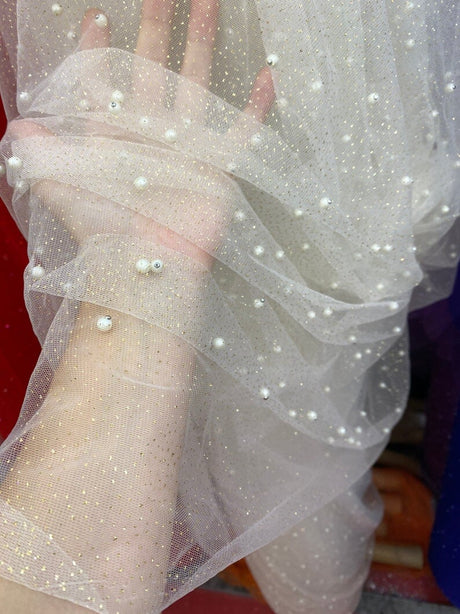 Pearl Beaded Glittery Mesh Tulle