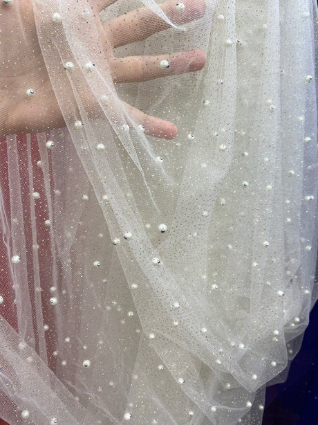 Pearl Beaded Glittery Mesh Tulle