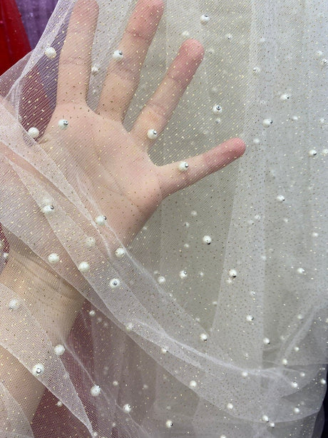 Pearl Beaded Glittery Mesh Tulle