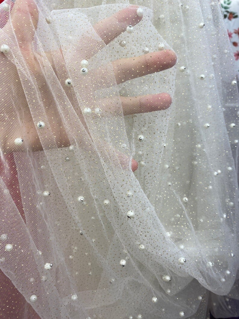Pearl Beaded Glittery Mesh Tulle