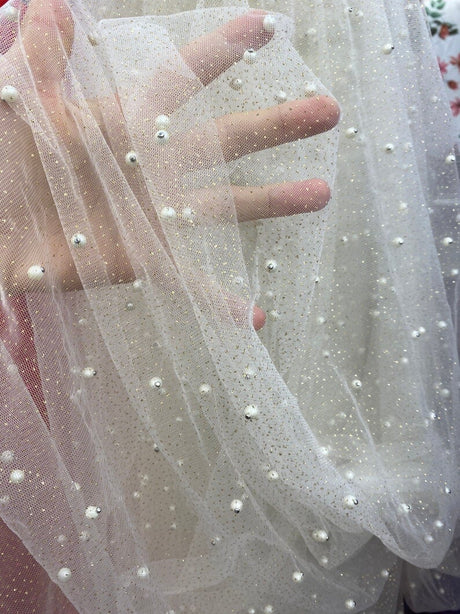 Pearl Beaded Glittery Mesh Tulle