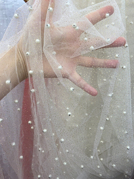 Pearl Beaded Glittery Mesh Tulle