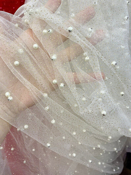 Pearl Beaded Glittery Mesh Tulle