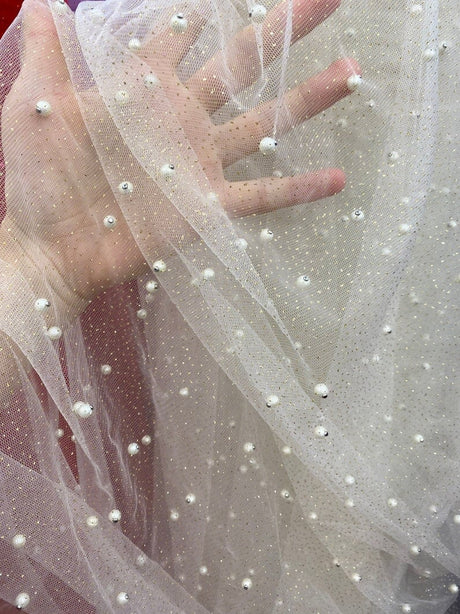 Pearl Beaded Glittery Mesh Tulle