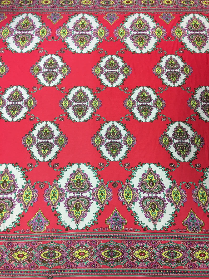 Big Double Border Geometric Pattern Polyester Spandex Fabric - Stretch Lightweight Knit Jersey, 58 To 60 Inches Wide