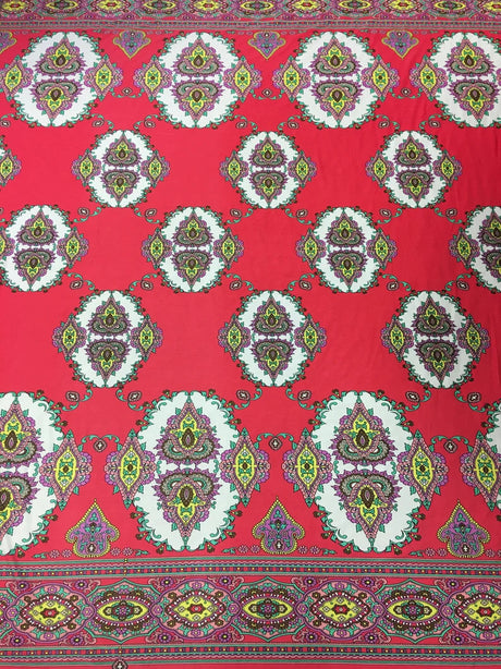 Big Double Border Geometric Pattern Polyester Spandex Fabric - Stretch Lightweight Knit Jersey, 58 To 60 Inches Wide