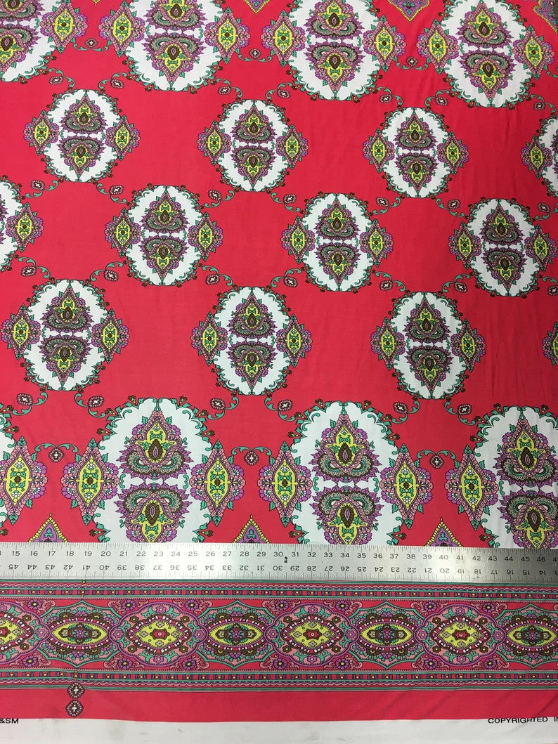 Big Double Border Geometric Pattern Polyester Spandex Fabric - Stretch Lightweight Knit Jersey, 58 To 60 Inches Wide