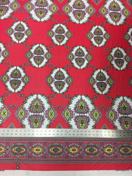 Big Double Border Geometric Pattern Polyester Spandex Fabric - Stretch Lightweight Knit Jersey, 58 To 60 Inches Wide