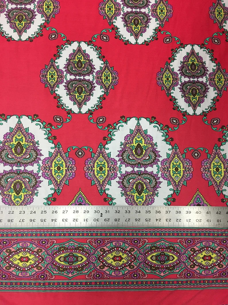 Big Double Border Geometric Pattern Polyester Spandex Fabric - Stretch Lightweight Knit Jersey, 58 To 60 Inches Wide