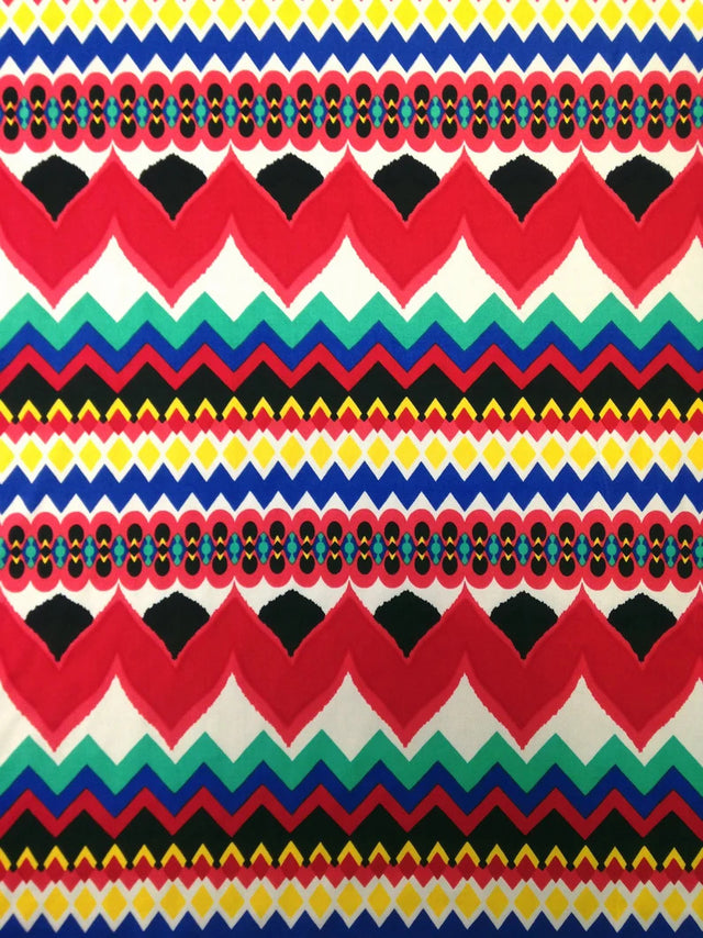 Polyester Spandex Fabric - Colorful Chevron Design, Red/Royal, Orange/Royal, 58" To 60" Width
