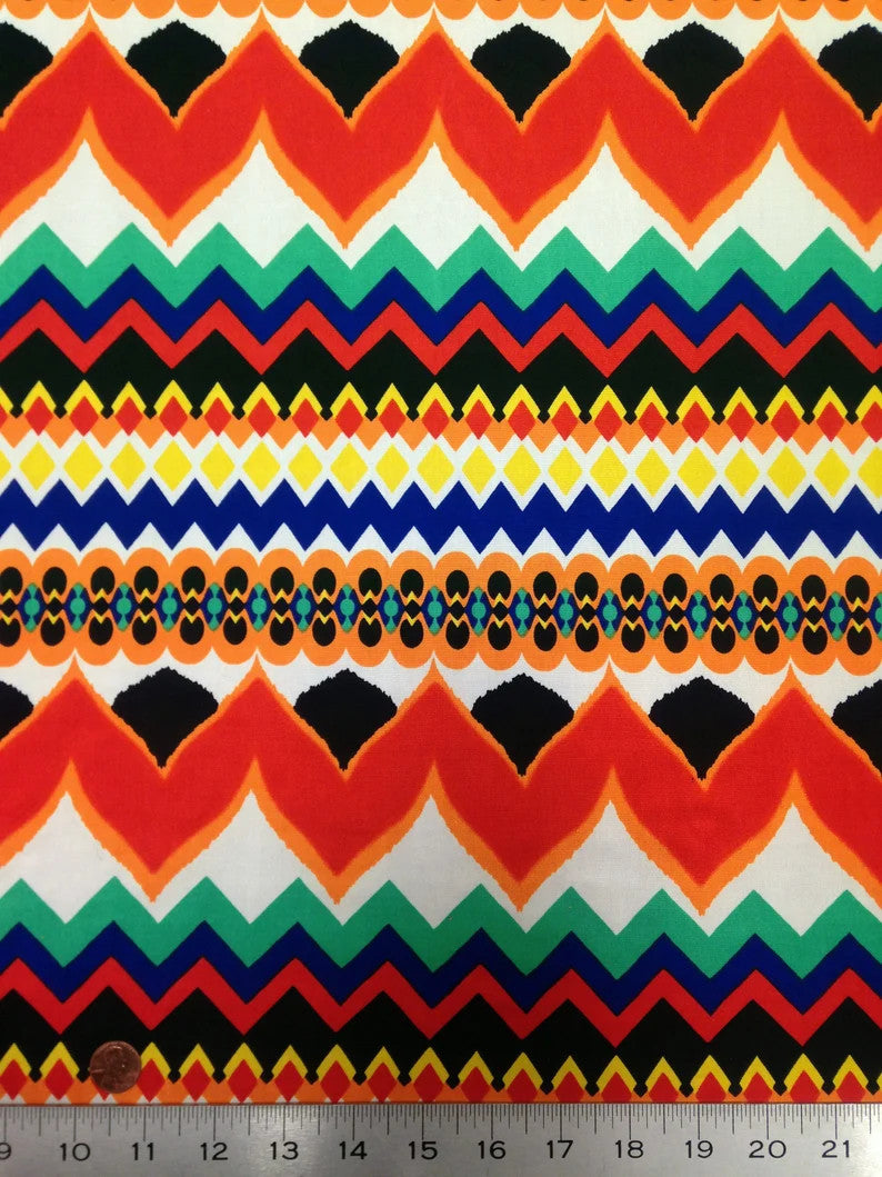 Polyester Spandex Fabric - Colorful Chevron Design, Red/Royal, Orange/Royal, 58" To 60" Width