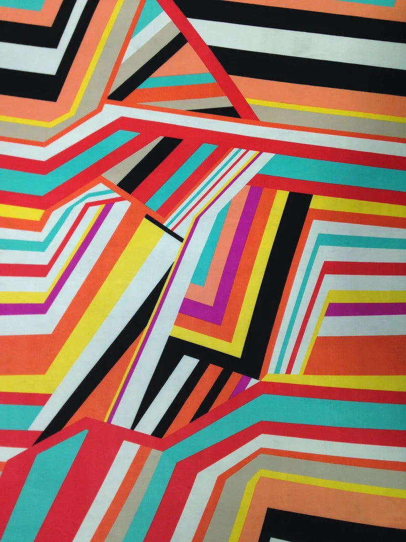 Big Geometric Lines Pattern Polyester Spandex Fabric - Black, White Geometric Lines, 58"-60" Width