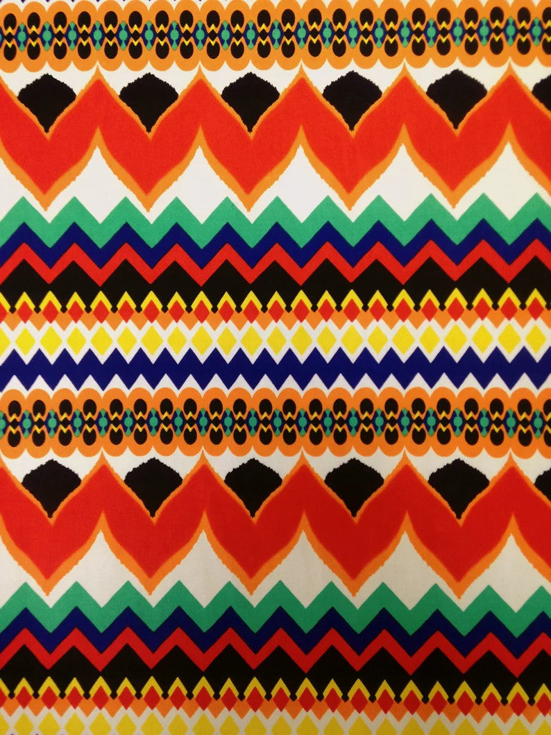 Polyester Spandex Fabric - Colorful Chevron Design, Red/Royal, Orange/Royal, 58" To 60" Width