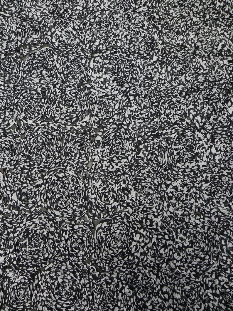 Polyester Textured Chiffon Fabric - Animal Print Large Rosettes On Black Non-Stretch Mesh, Silver, Brown, 50" Width