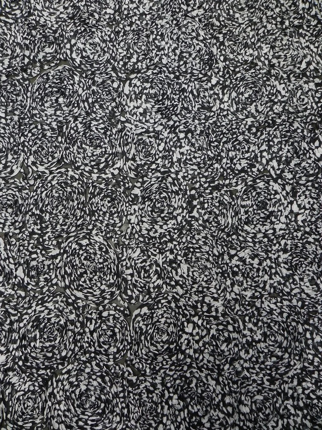 Polyester Textured Chiffon Fabric - Animal Print Large Rosettes On Black Non-Stretch Mesh, Silver, Brown, 50" Width