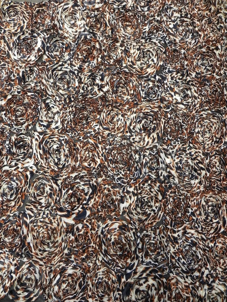 Polyester Textured Chiffon Fabric - Animal Print Large Rosettes On Black Non-Stretch Mesh, Silver, Brown, 50" Width