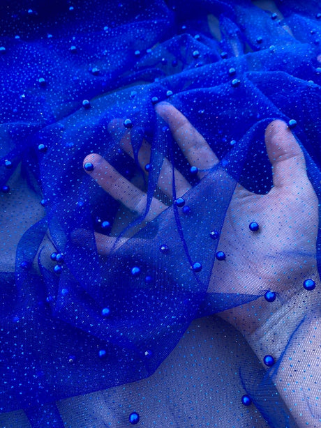 Pearl Beaded Tulle Mesh Royal Blue