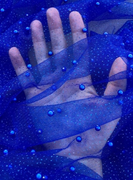 Pearl Beaded Tulle Mesh Royal Blue
