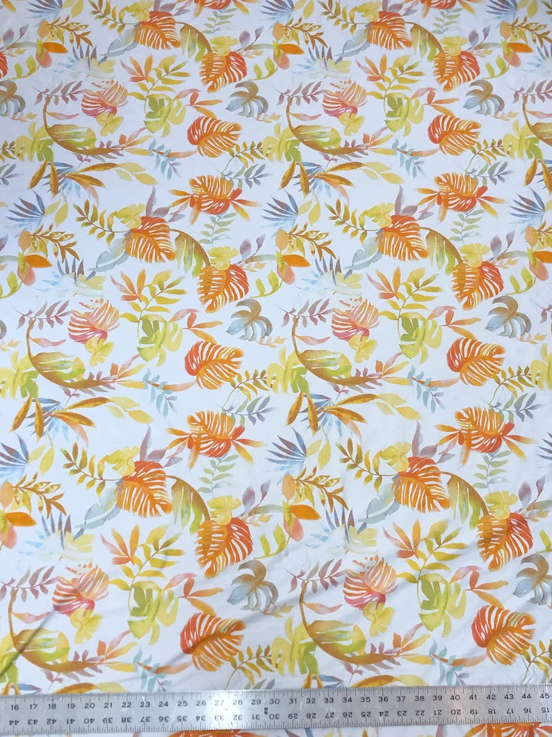 Tropical Leaves On White Nylon Spandex Fabric - White Tropical Leaves, 58"-60" Width
