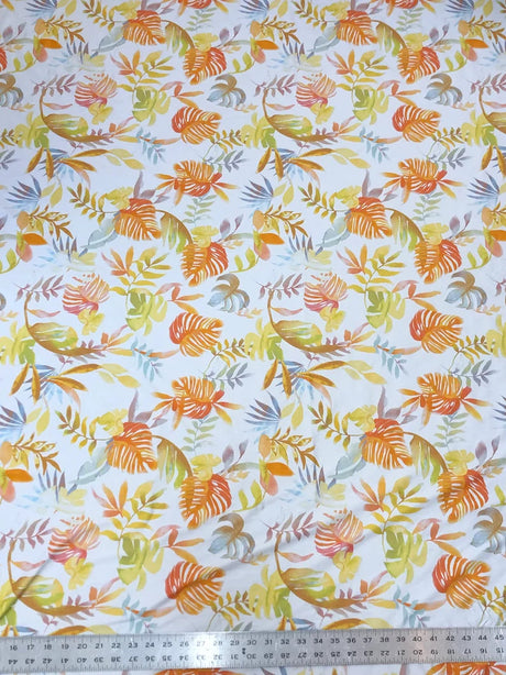 Tropical Leaves On White Nylon Spandex Fabric - White Tropical Leaves, 58"-60" Width