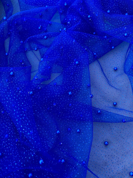 Pearl Beaded Tulle Mesh Royal Blue