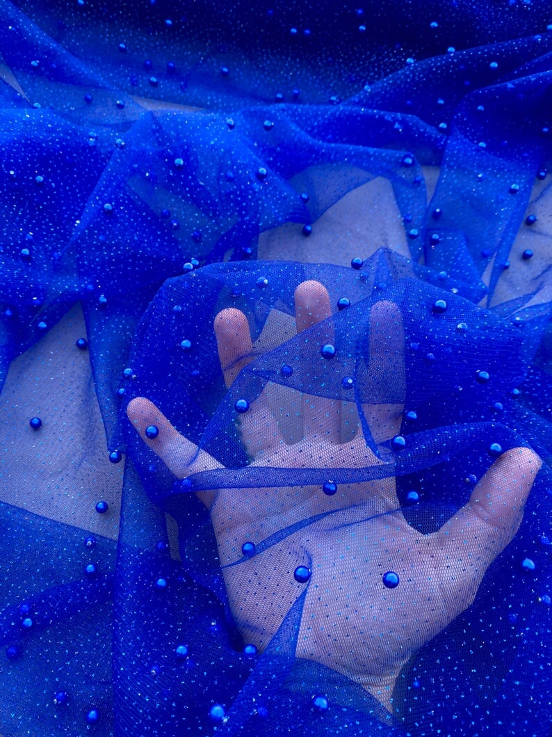 Pearl Beaded Tulle Mesh Royal Blue