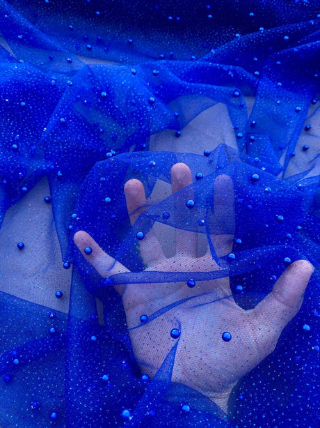 Pearl Beaded Tulle Mesh Royal Blue