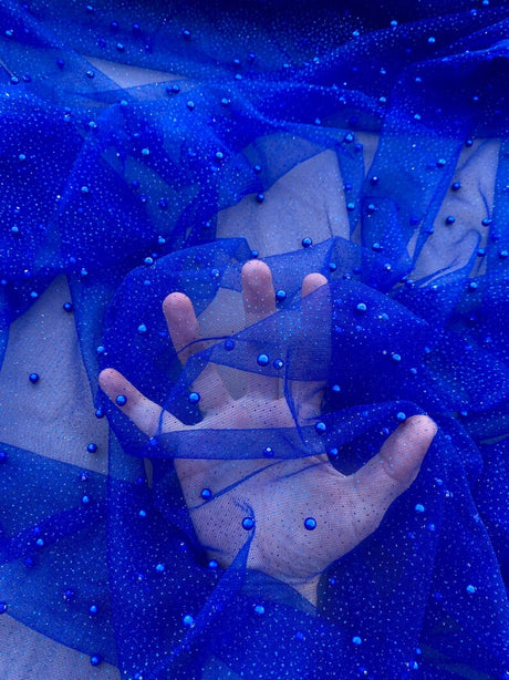 Pearl Beaded Tulle Mesh Royal Blue