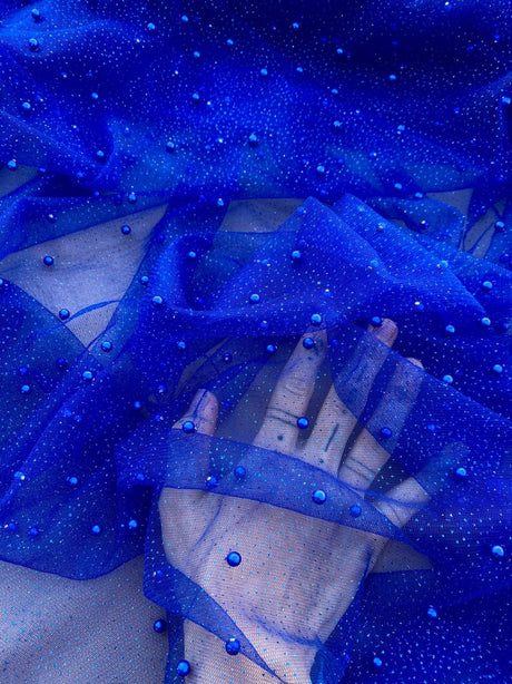 Pearl Beaded Tulle Mesh Royal Blue