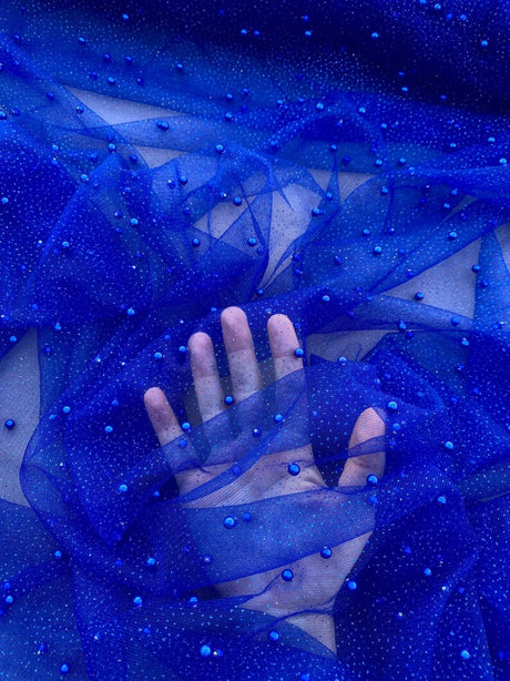 Pearl Beaded Tulle Mesh Royal Blue