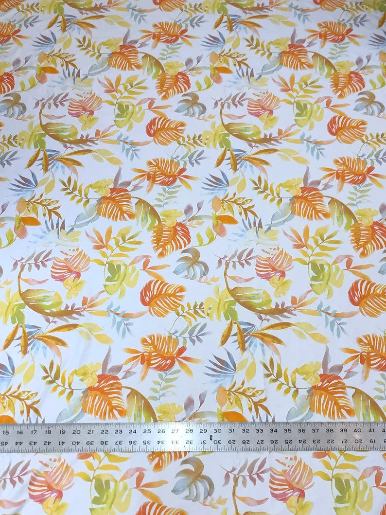 Tropical Leaves On White Nylon Spandex Fabric - White Tropical Leaves, 58"-60" Width