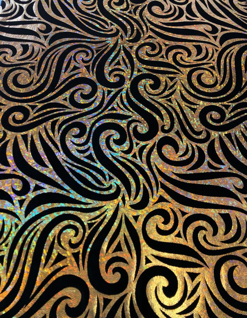 Swirl Hologram Snake Design Foil Polyester Spandex Velvet Fabric - Holo Black, Snake Scale Holographic Design, 58"-60" Width