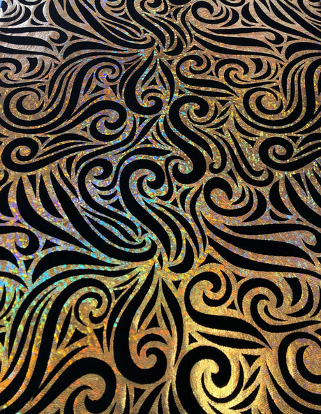 Swirl Hologram Snake Design Foil Polyester Spandex Velvet Fabric - Holo Black, Snake Scale Holographic Design, 58"-60" Width