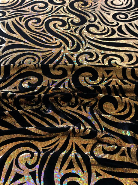 Swirl Hologram Snake Design Foil Polyester Spandex Velvet Fabric - Holo Black, Snake Scale Holographic Design, 58"-60" Width