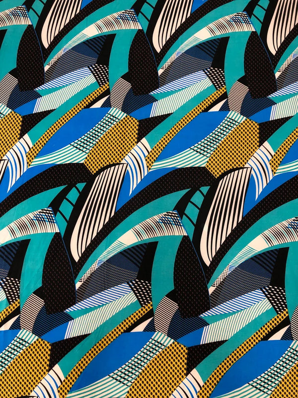 Polyester Spandex Abstract Design 2 Way Stretch Fabric - Abstract Print, Aqua/Yellow, Coral/Brown, Red/Yellow, 58" To 60" Width