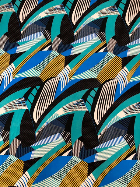 Polyester Spandex Abstract Design 2 Way Stretch Fabric - Abstract Print, Aqua/Yellow, Coral/Brown, Red/Yellow, 58" To 60" Width