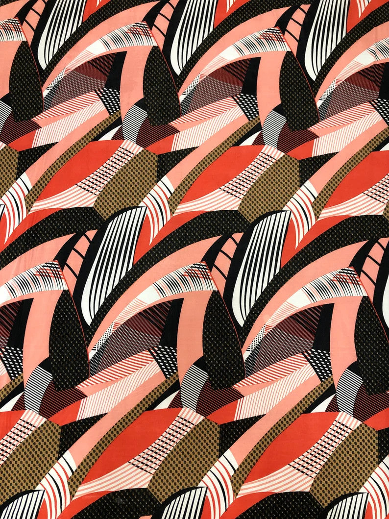 Polyester Spandex Abstract Design 2 Way Stretch Fabric - Abstract Print, Aqua/Yellow, Coral/Brown, Red/Yellow, 58" To 60" Width