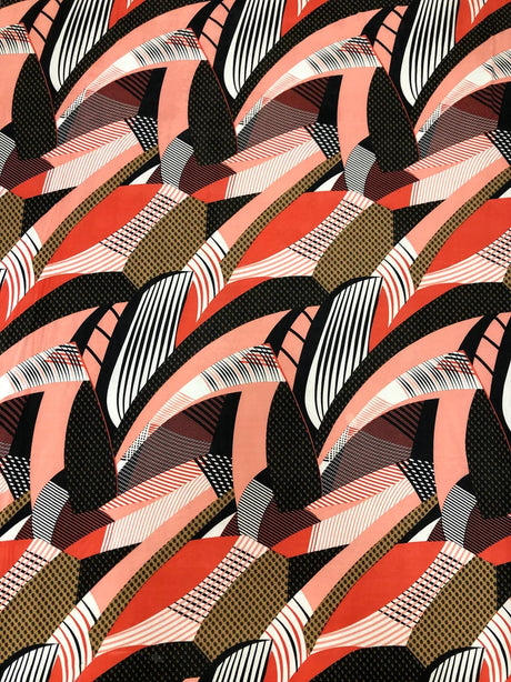 Polyester Spandex Abstract Design 2 Way Stretch Fabric - Abstract Print, Aqua/Yellow, Coral/Brown, Red/Yellow, 58" To 60" Width